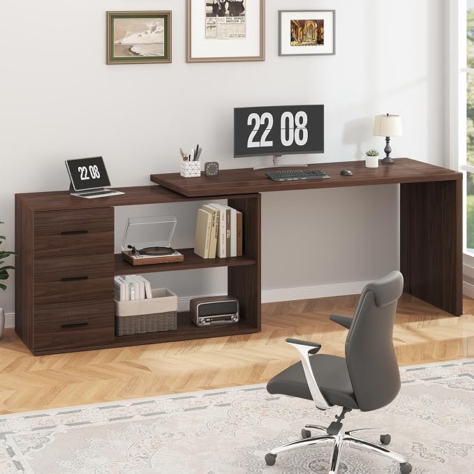 HSH L Shaped Office Desk with Drawers Shelves 55-76 Inch, Corner Computer Desk with Storage 360 Rotating Long for Work, Executive, Study, Writing, Teacher, Bedroom Modern Gaming Table, Walnut