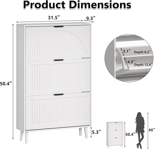 BORNOON Shoe Cabinet for Entryway with 3 Flip Drawers, Slim Wooden Shoe Storage Organizer with Modern Fluted Pannel,Freestanding Narrow Hidden Shoe Rack for Hallway, Foyer, Living Room