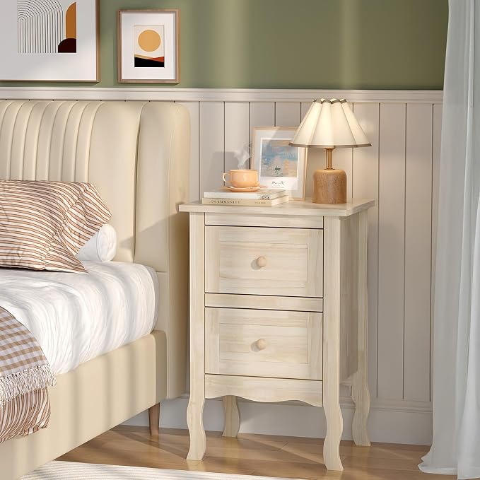 Bonnlo Solid Wood Nightstand Unfinished for Color DIY, Small Night Stand for Bedroom, Natural Wood Nightstand with Drawers, Light Wood Nightstand, Real Wooden Bed Side Table/End Table