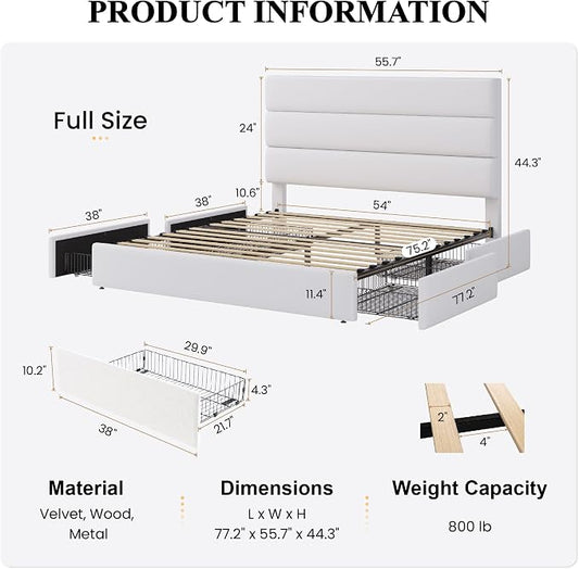 SHA CERLIN Full Size Platform Bed Frame with 4 Storage Drawers, Velvet Upholstered Headboard, Mattress Foundation with Wooden Slats Support, No Box Spring Needed, Easy Assembly, White