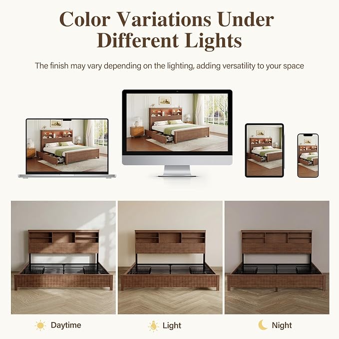 King Size Bed Frame and Tall Headboard & Storage, Metal Platform Bed Frame with 4 Storage Drawers, King Bed Frame with LED Lights & Charging Ports, No Box Spring Needed, Noise-Free, Brown