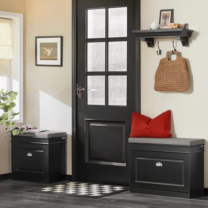 SoBuy Tiny Shoe Storage Bench, Narrow Shoe Cabinet for Entryway, Small Shoe Rack with Cushion&2 Tiers Flip-Drawer, Closet Hallway Mudroom White FSR82-K-SCH