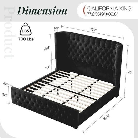 Jocisland California King Size Upholstered Bed Frame with 6.3-Inch Curved Wingback Headboard, Tufted Footboard, Wood Slats, No Box Spring Needed, Black Velvet