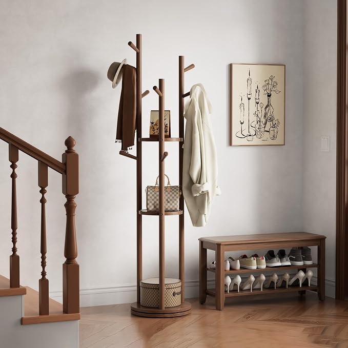 Muwuele Solid Wood Rotary Coat Rack, Freestanding Coat Rack with 3 Shelves and 9 Hooks, Coat tree for Bedroom, Entryway, Livingroom, Coat Hanger Stand for Coats, Scarves, Handbags (Walnut)