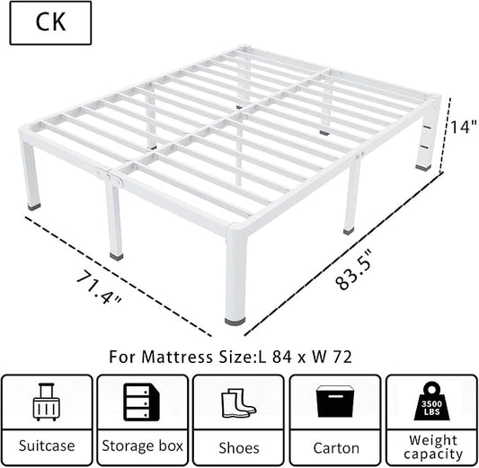 ROIL 14 Inch White California King Bed Frame with Rounded Corner and Headboard Hole Mattress Retainers, 3500LBS Heavy Duty Steel Slats No Box Spring Needed Platform Noise-Free Easy Assembly