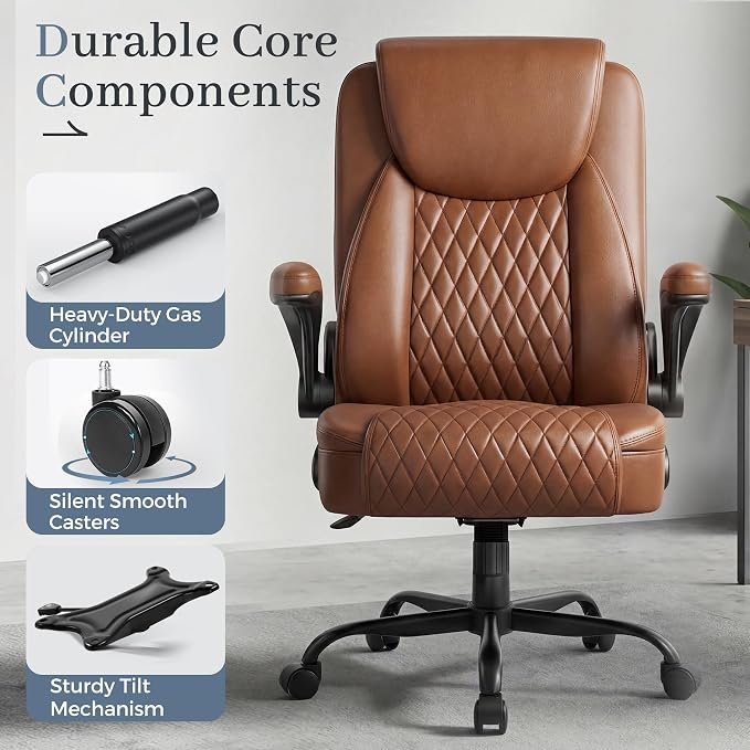 GTPOFFICE Executive Office Chair with Comfortable Lumbar Support, Ergonomic Gaming Chair with Flip-up Armrests & Zoned Pressure-Relief Cushion, Comfy PU Leather Desk Chair, Brown