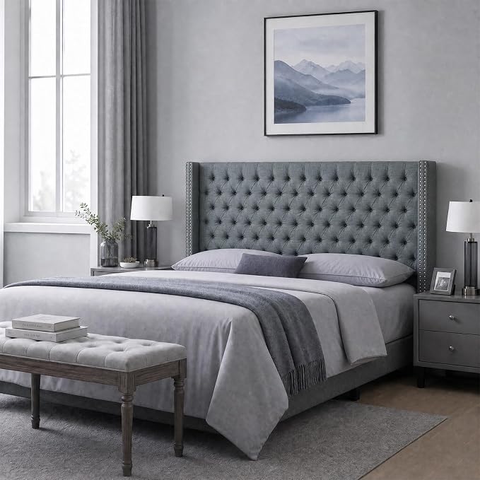 Madison Park King Wingback Upholstered Tufted Headboard, Featuring High-Density Sponge Padding, Adjustable Height Headboard, Easy Assembly, Dark Grey Woven