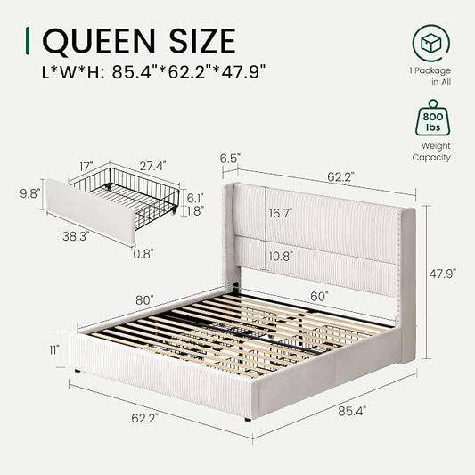 LARMACE Queen Bed Frame with 4 Storage Drawers,Upholstered Bed Frame Queen Size with Headboard Corduroy Platform Bed Frame with Vertical Stripe,Solid Wood Leg/No Box Spring Needed/Noise Free,White