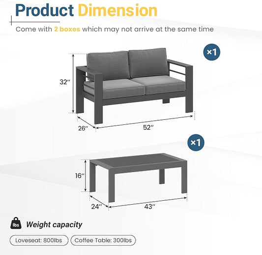 Wisteria Lane Metal Patio Furniture Set for All Weather, Oversized Heavy Duty Outdoor Furniture Set with Upgraded Cushion, Modern Outdoor Patio Loveseat Set for Garden, Balcony, Backyard, Dark Grey