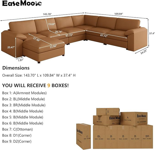 EASE MOOSE Faux Leather Sectional with Ottoman, Oversized Modular Couch, Modular Sectional Sofa with Deep Seat, Scratch Resistant Faux Leather Material, U Shaped Couch for Big Spaces, Brown