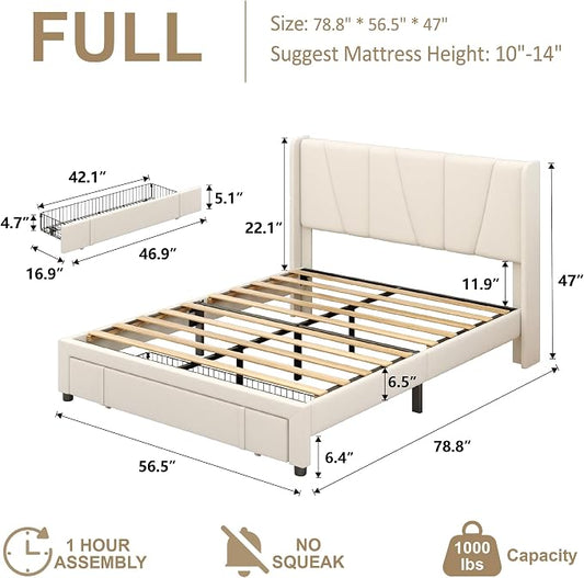 Full Bed Frame with Storage Drawers, Velvet Upholstered Platform Bed with 47" Tall Headboard and Wingboard, No Box Spring Needed, Noise Free, Easy Assembly, Wooden Support Slats, Beige