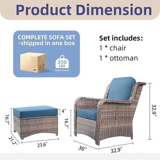 2 Pieces Patio Wicker Furniture Set, High Back Wicker Patio Chair Set with Ottoman, Outdoor Porch Chair with Thick Cushion for Balcony Deck Yard and Porch, Peacock Blue