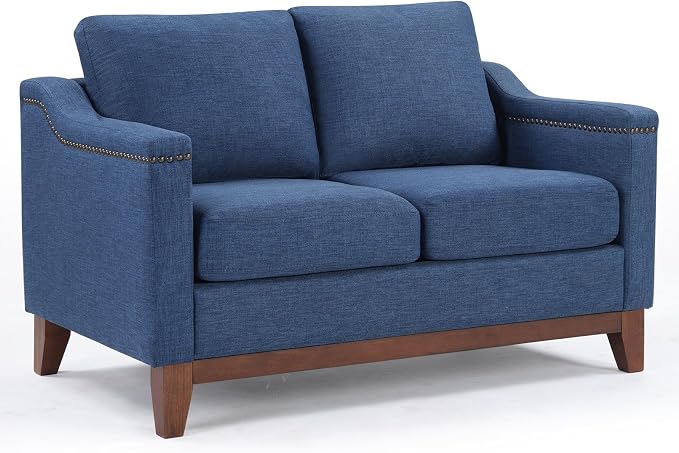 HAOMARKETS Vintage 2-Seater Upholstered Loveseat Sofa with Nailhead Trim, High-Density Foam Cushion & Solid Wood Legs, Soft Fabric Couch for Small Spaces, Blue