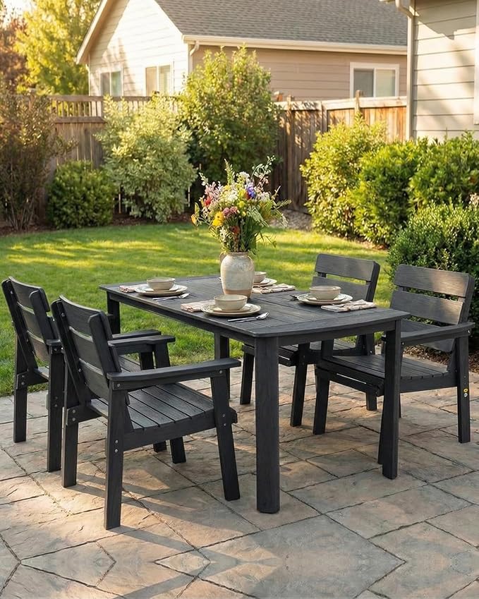 Outdoor Rectangle Dining Table with Rounded Edge, 67" All-Weather HIPS Patio Table for 6, Outdoor Furniture with Umbrella Hole, Ideal for Garden, Poolside, Backyard, Deck, Black