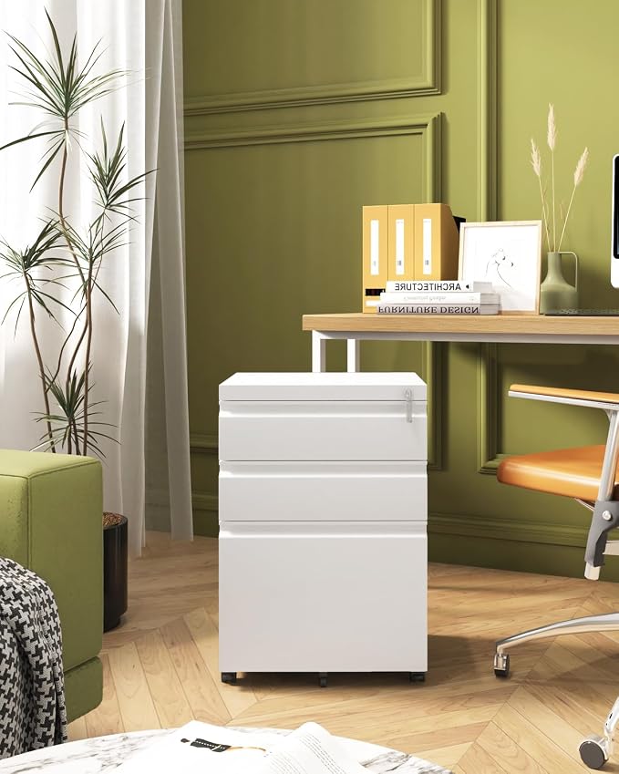 Approgreent Mobile File Cabinet for Home Office, Lockable 3 Drawer Filing Cabinet with Wheels for A4-Size/Letter-Size/Legal-Size, Fully Assembled Except Casters, White