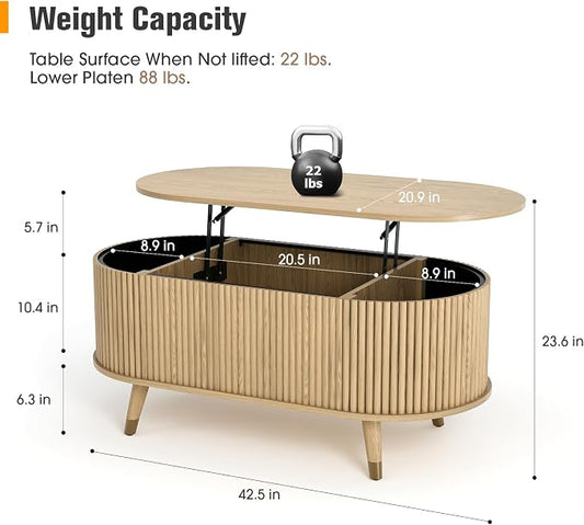 Oval Lift Top Coffee Table with Storage, 42.5” Fluted Coffee Table with Lifting Top & Solid Wood Legs, Mid Century Modern Center Table for Living Room, Home Office, Oak