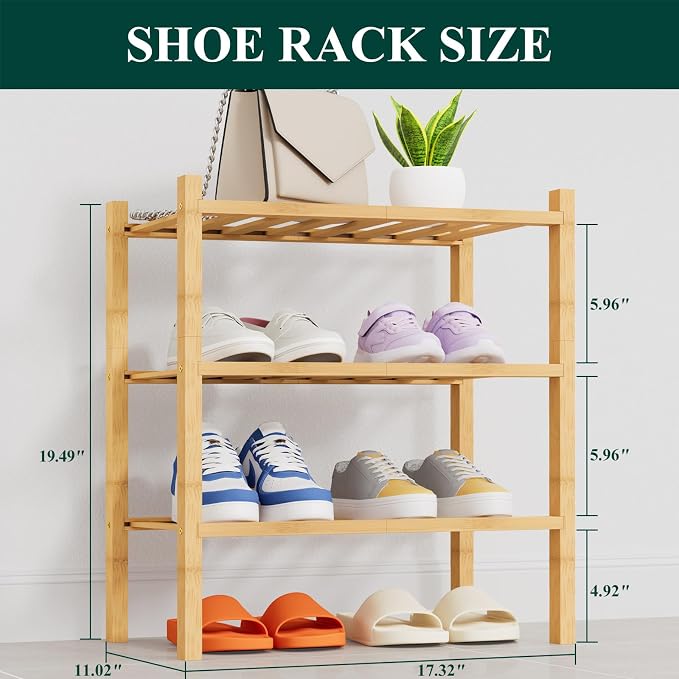 Smiry Small Bamboo Shoe Rack, 3 Tier Free Standing Wooden Shoe Organizer, Stackable Wood Shoe Storage Shelf for Closet, Entryway, 14 Vertical Slats, 2+1 Stack Heavy-duty Legs, 17.3"x11"x19.5", Natural