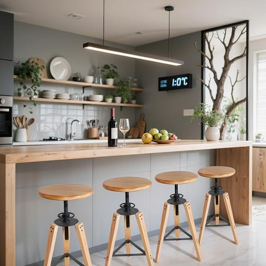 4-Piece Adjustable Height Swivel Bar Stool - Industrial Rustic Style, Solid Oak Wood Seat and Frame, 24.8"-28.7", Natural Finish, Anti-Slip Pads - Perfect for Kitchen, Bar, Counter, Home - Heavy Duty