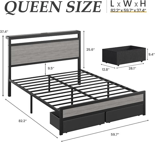 HISOFT Queen Bed Frame with Storage, Wood Headboard with Fast Charging Station, LED Lights, Platform Bed Frame Queen Size, Fabric Drawers with Wheels, No Box Spring Needed, Noise Free, Rustic Grey