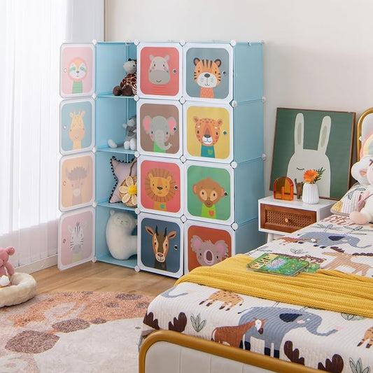 HONEY JOY Kids Wardrobe Closet, Baby Cartoon Clothes Storage Organizer, 12 Cubes & 2 Hanging Sections, Portable Children DIY Modular Bedroom Armoire Dresser Cabinet for Boys Girls (Blue)