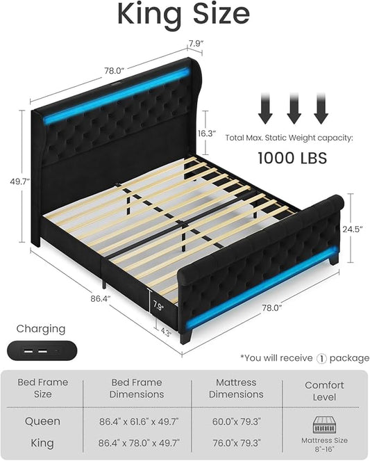 Belffin King Size Bed Frame with Headboard,50" Tall Headboard Upholstered Velvet Platform Bed with LED Lights & 2 USB Port/1 Type C Port, Button Tufted, No Box Spring Needed,Noise Free,Black