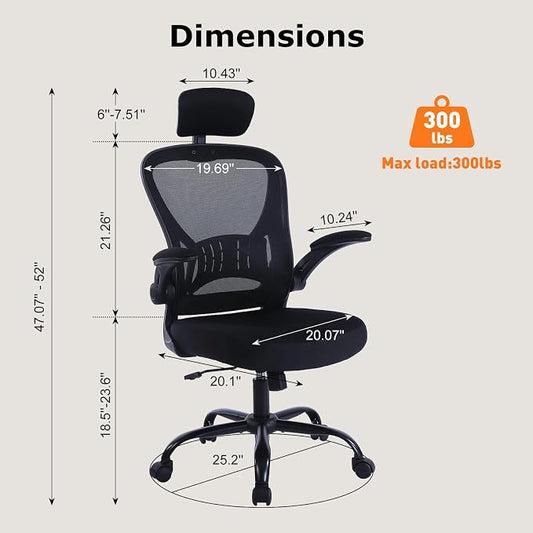 ralex-chair Ergonomic Office Chair with Adjustable Headrest & Lumbar Support, Computer Desk Chair with Flip-Up Armrests, Comfortable for Home, Office, Conference Room