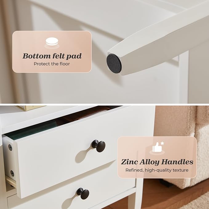 Huuger White Nightstand Set of 2, Night Stand with Charger Station, Bedside Table with 2 Drawers, Bed Side Tables for Bedroom, Modern Nightstands, Metal Knobs, Painted Surface