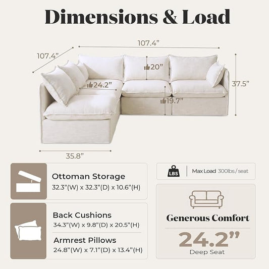 Cloud Modular Corner Sectional, Oversized Deep Seat Comfort, Linen Blend | Fully Removable Washable Covers, Memory Foam Seat Cushions, Premium Fabric