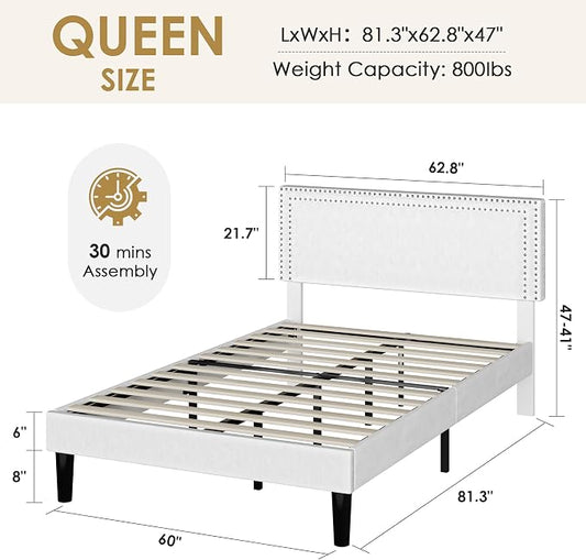 VECELO Queen Size Platform Bed Frame with Height Adjustable Upholstered Headboard, Modern Mattress Foundation,Strong Wood Slat Support, No Box Spring Needed, Easy Assembly,White