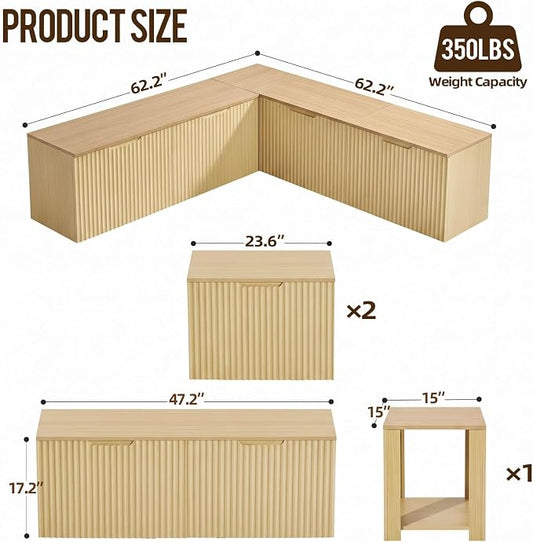 ZZW L Shaped Storage Bench, Modular Corner Dining Bench Seating, 63" Breakfast Nook Bench w/Hidden Storage, Safety Soft-Close Hinges, Dining Room, Kitchen, Living Room, Entryway Color Oak
