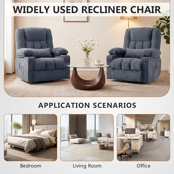 Swivel Rocker Recliner Chair with Vibration Massage and Heat Ergonomic Lounge Chair for Living Room with Rocking Function and Side Pocket, 2 Cup Holders, USB Charge Port