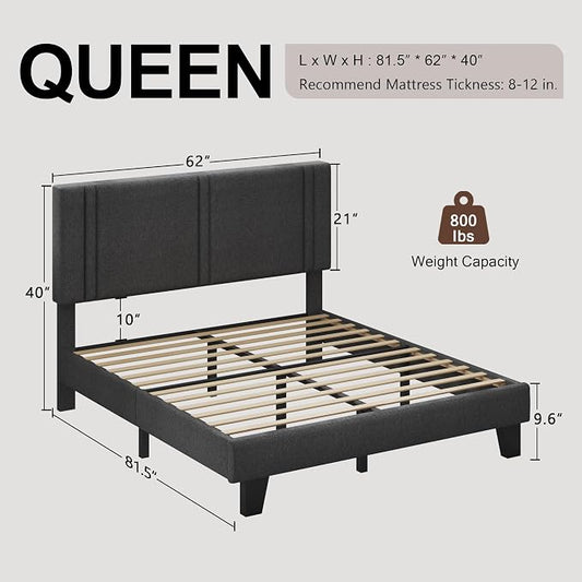 Einhomn Upholstered Queen Size Bed Frame with Linen Fabric Headboard, Strong Wooden Slats Support, Noise Free, No Box Spring Needed, Dark Grey