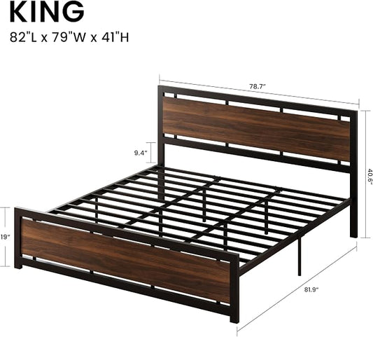 LIKIMIO King Bed Frame with Headboard and Footboard, Metal Strong Supports, Easy Assembly, Noise-Free, No Box Spring Needed, Dark Walnut