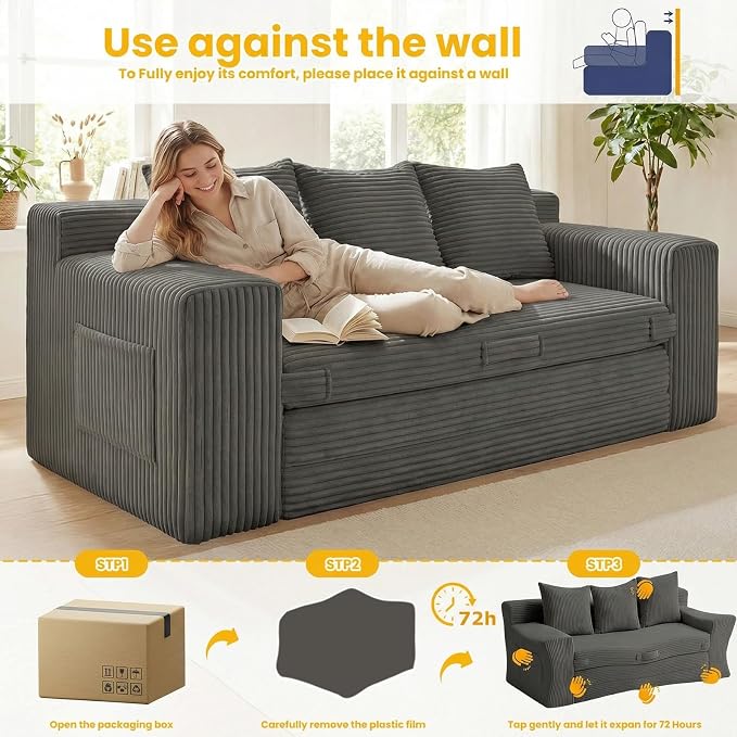 Boneless Couch,3 Seater Boneless Couch Bed – 3-in-1 Convertible Sleeper Sofa with Side Pockets & Handle,Pull Out Corduroy Futon for Small Space,Living Room & Bedroom, 3 Pillows Included,No Assembly