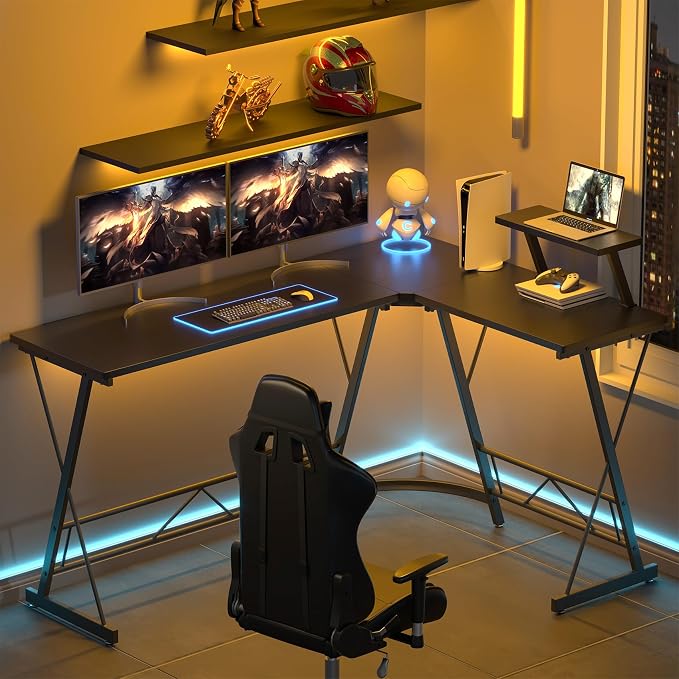 Mr IRONSTONE 63" L Shaped Computer Desk, Corner Desk, Home Office Desk, Gaming Writing Workstation with Large Monitor Stand, Easy to Assemble, Black