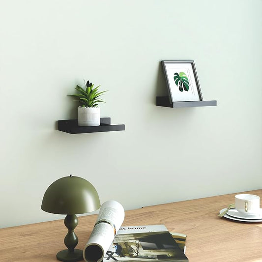 Small Black Floating Shelves for Wall Decor, Wall Mounted Wood Shelf for Bedroom, Living Room, Bathroom, Kitchen, Nursery, Display Ledge Shelf with Lip Set of 2-8 Inches, Black
