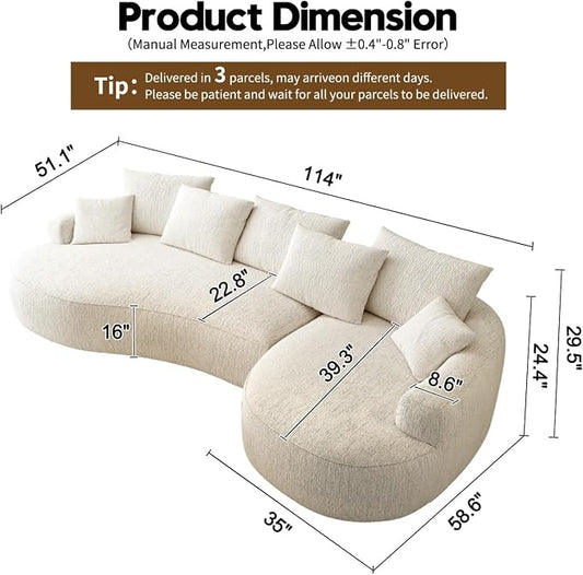 115-inch L-Shaped Luxurious Modern Contoured Curved-Back Sofa, a Seamless Boneless Design with Curved Silhouette, Ideal for Living Room use(Right Chaise,White)