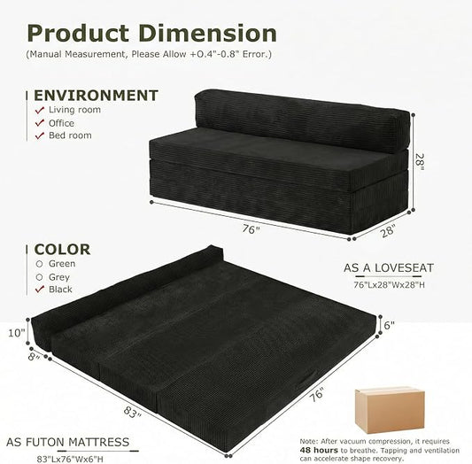 5-in-1 Convertible Sofa Bed, Boneless Loveseat with Removable Cushions & Washable Cover, Futon Sofa Bed with Handle, Pull Out Couch for Small Spaces, King Size, Black