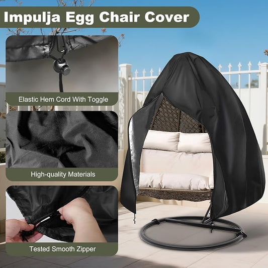 Heavy-Duty Outdoor Egg Chair Cover for Two-Seater - Zippered, UV-Resistant, Windproof, Anti-Oxidation & Anti-Fade Protection for Hanging Wicker Rocker Chairs, 79"x91" (Black)