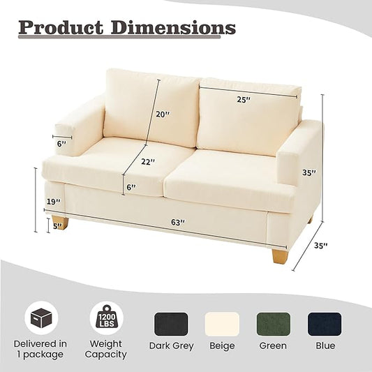 Apicizon 63" Loveseat Sofa Couch, Cloud Couch Lounge Sofa with 2 Cushion for Bedroom, Chenille Lounge Sofa for Living Room Aparment, Beige
