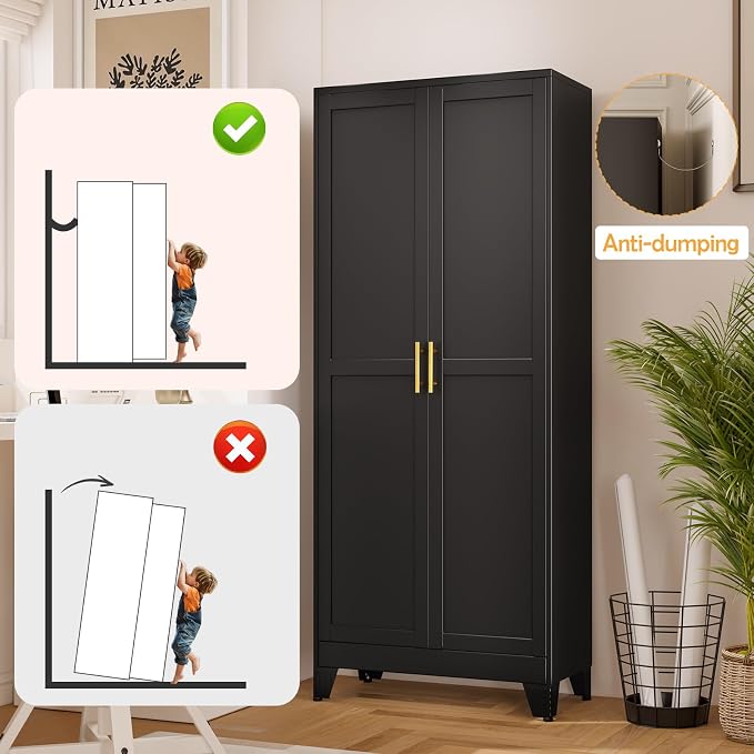 Black Pantry Storage Cabinet, 71" Metal Kitchen Pantry Storage | Steel Storage Cabinets with Doors and 4 Adjustable Shelves, Metal Storage Cabinet, for Office, Home, Garage, School