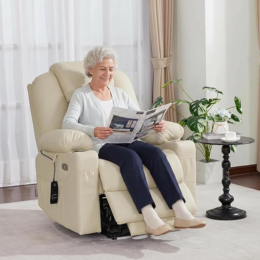 MCombo Power Lift Recliner Chair for Elderly, Lift Chair with Heat and Massage, FSC Certified, USB Ports, Cup Holders, Faux Leather 7040 (Cream White, Medium)