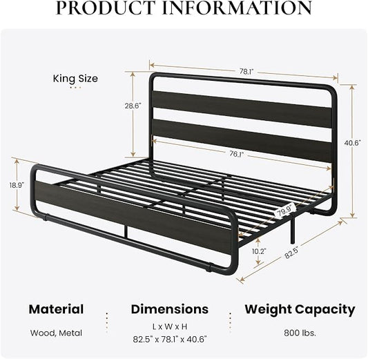 SHA CERLIN King Size Metal Bed Frame with Wooden Headboard and Footboard, Heavy Duty Platform Bed Frame with 10" Under-Bed Storage, Noise-Free, No Box Spring Needed, Black