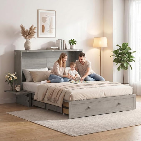 Mjkone Queen Murphy Bed Cabinet with Tri-fold Mattress, Cabinet Bed with Built-in Charging Station, Storage Drawer, Solid Wood Cabinets Bed, Cube Murphy Chest Beds for Guest Room, Home, Office, Grey