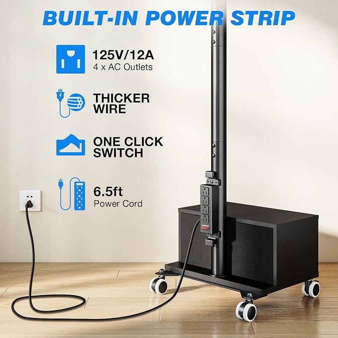 Rfiver Rolling TV Stand with Power Outlet and Drawer for 32-60 Inch TVs, Swivel Mobile TV Cart with Wheels, 6-Level Height Adjustable Floor TV Mount up to 88lbs, Max VESA 400x400mm