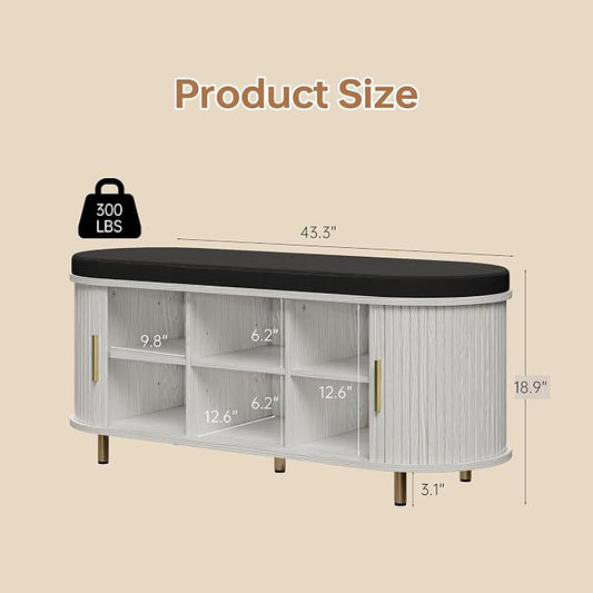 DHH 2-Tier Storage Bench,Wide Shoe Bench with Thickened Padded Seat Cushion, Mid Century Modern Fluted Sliding Door and Adjustable Shelf, for Entryway, Living Room, Bedroom (Grayish White, 43.3“)