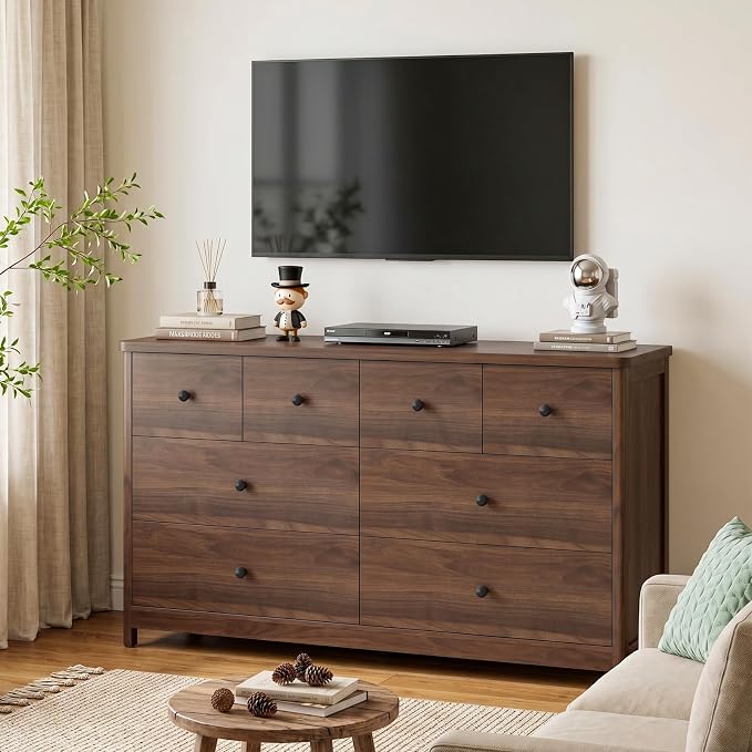 Vabches Kids Dresser Cabinet with 8 Drawers, Changing Table for Nursery with Open Shelves, Multi-Functional Chest of Drawers, Kids Bedroom Furniture, Nightstand for Children's Room, Walnut