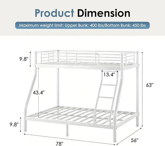 Bunk Beds Twin Over Full Size, Heavy Duty Metal Bunk Bed Frame with Angled Ladder for Teens and Adults, for Spaces-Saving, Smooth Rounded Edges, Noise Free & Easy Assembly, White