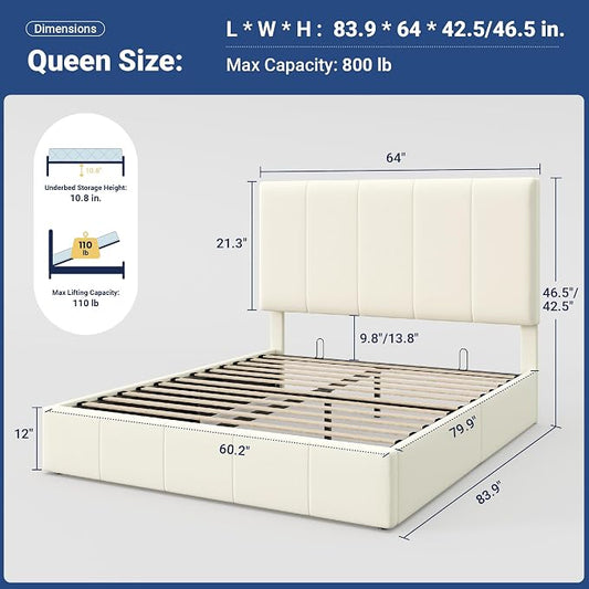 Allewie Queen Size Velvet Lift Up Storage Bed Frame, Vertical Channel Tufted Headboard, Hydrualic Underneath Storage, Upholstered Platform Bed, Wooden Slats Support, No Box Spring Needed, Cream