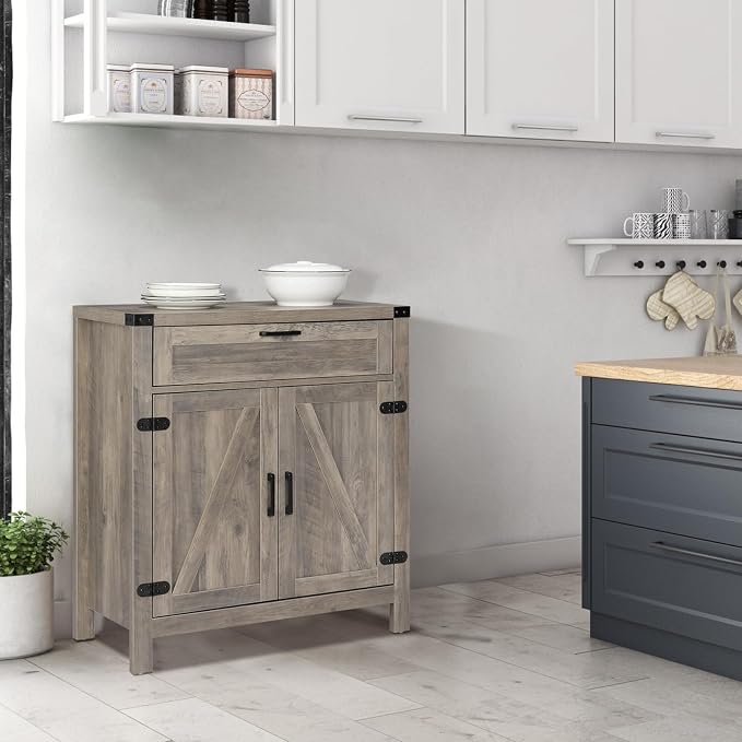VINGLI Modern Farmhouse Sideboard Buffet Cabinet with Drawer, Storage Cabinet with Doors and Adjustable Shelves, Coffee Bar Station for Kitchen, Dining Room and Living Room, Ash Grey